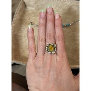 925 Native SW Sterling Silver Yellow Honey Dahlia Round Ring Adjustable~Stars⭐️